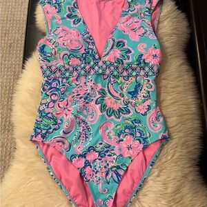 Lilly Pulitzer Imogen Cap Sleeve Pink and Blue One Piece Swimsuit